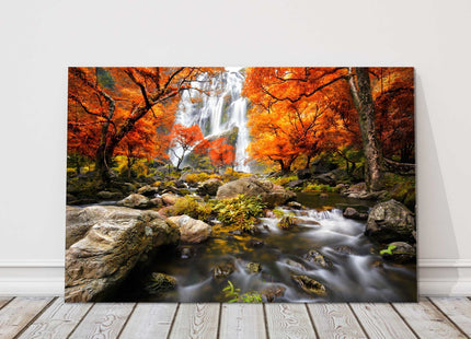 Waterfall in the autumn forest flowing water canvas picture print