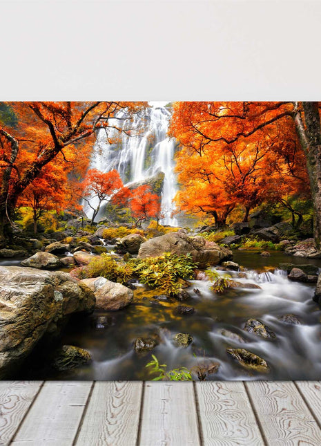 Waterfall in the autumn forest flowing water canvas picture print