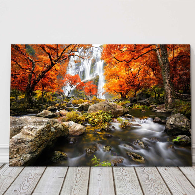 Waterfall in the autumn forest flowing water canvas picture print