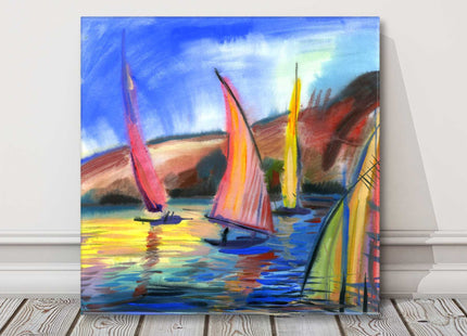 Colourful sailing boats out on the sea. Painting, canvas picture print