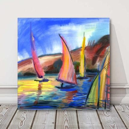 Colourful sailing boats out on the sea. Painting, canvas picture print