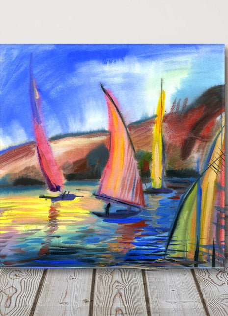 Colourful sailing boats out on the sea. Painting, canvas picture print