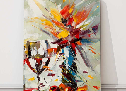 Wine glass and flowers oil painting. Printed and framed as a canvas picture.