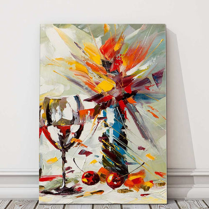 Wine glass and flowers oil painting. Printed and framed as a canvas picture.