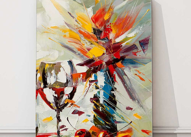 Wine glass and flowers oil painting. Printed and framed as a canvas picture.