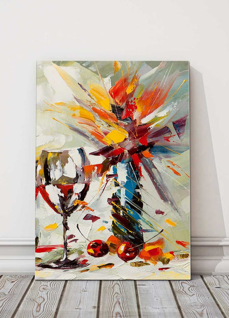 Wine glass and flowers oil painting. Printed and framed as a canvas picture.