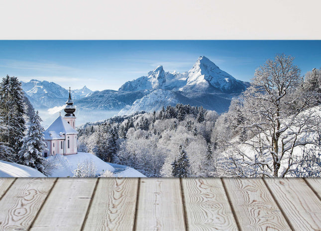 Winter scene church in the alps canvas picture print blue and white
