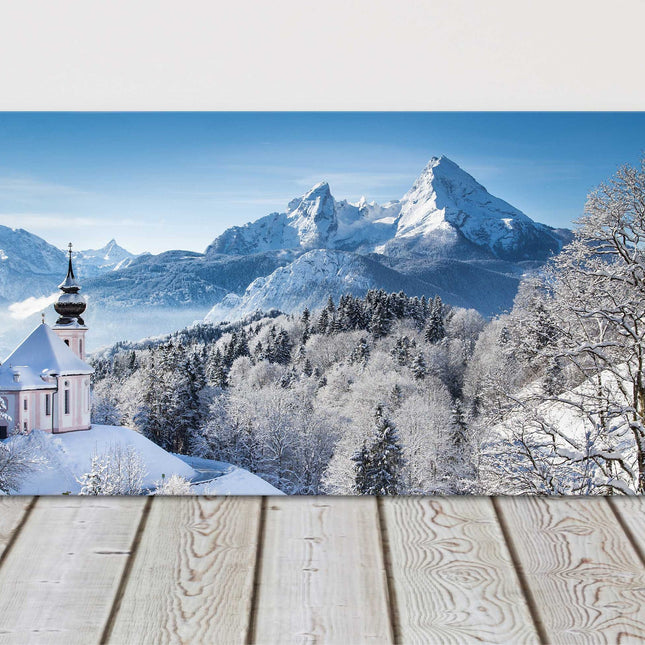 Winter scene church in the alps canvas picture print blue and white