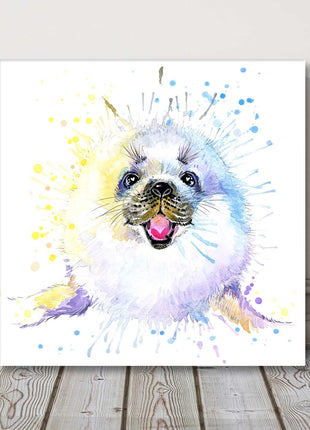 White Seal with a splash watercolour canvas picture print.