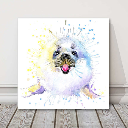 White Seal with a splash watercolour canvas picture print.