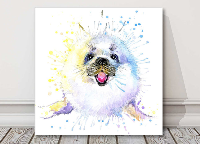 White Seal with a splash watercolour canvas picture print.