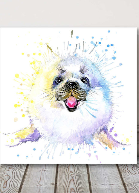 White Seal with a splash watercolour canvas picture print.