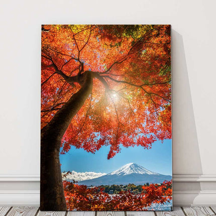 Autumn tree overlooking Mount Fuji in the background. Picture printed and framed as a canvas picture print.