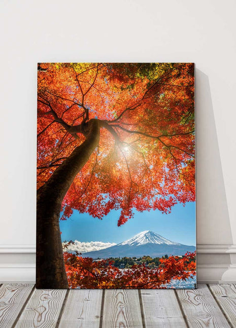 Autumn tree overlooking Mount Fuji in the background. Picture printed and framed as a canvas picture print.