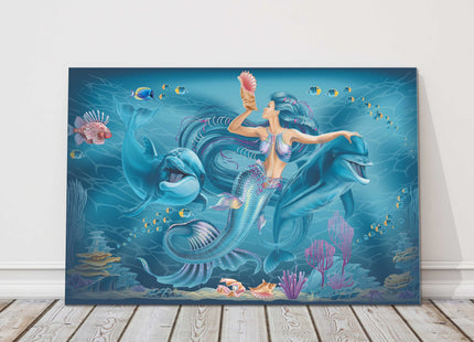Mermaid and dolphins with coral and colourful fish. Canvas picture print.