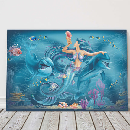 Mermaid and dolphins with coral and colourful fish. Canvas picture print.