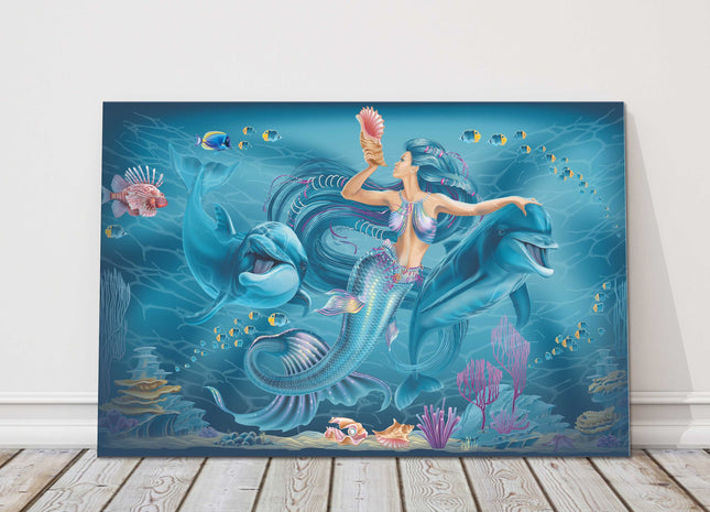 Mermaid and dolphins with coral and colourful fish. Canvas picture print.