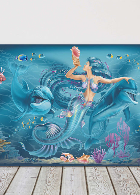 Mermaid and dolphins with coral and colourful fish. Canvas picture print.