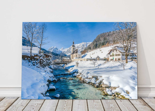 Alps winter scene. Mirror wrapped framed canvas picture