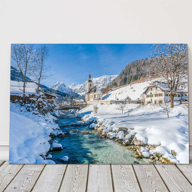 Alps winter scene. Mirror wrapped framed canvas picture