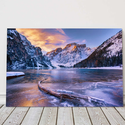 Dolomites, Italy. Winter sunrise over Lago di Braies. Canvas picture print