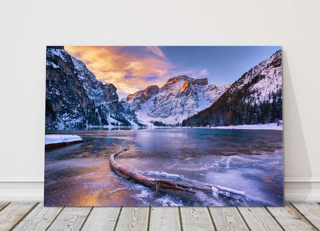 Dolomites, Italy. Winter sunrise over Lago di Braies. Canvas picture print