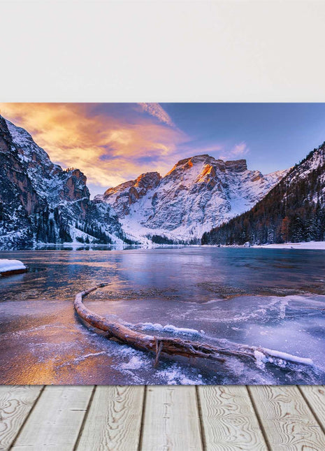 Dolomites, Italy. Winter sunrise over Lago di Braies. Canvas picture print