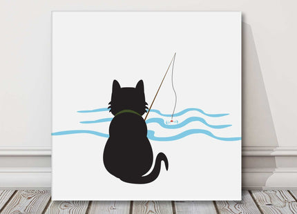 Cat fishing simple art work funny canvas picture print square