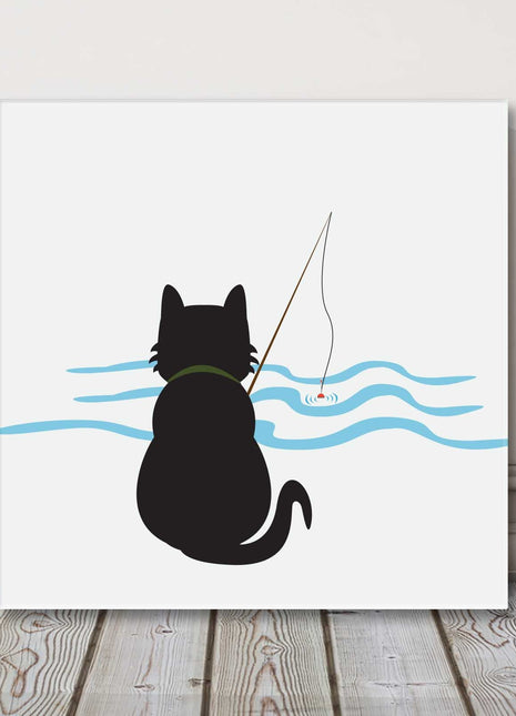 Cat fishing simple art work funny canvas picture print square