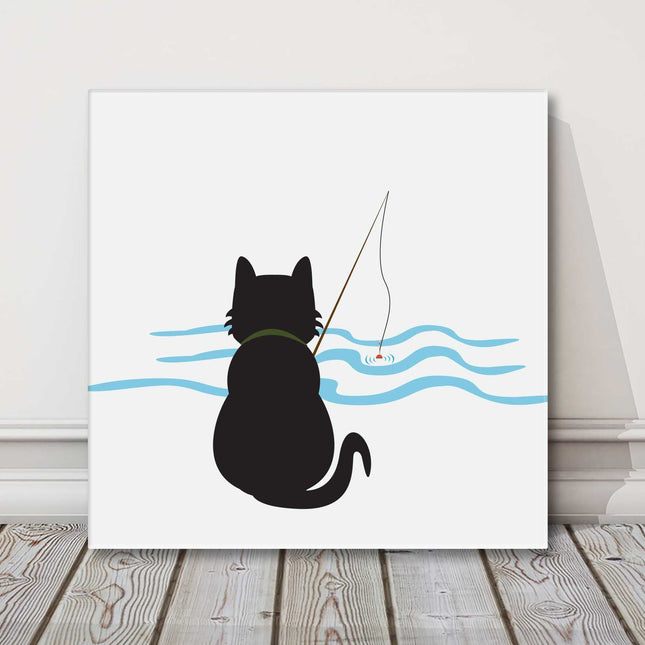 Cat fishing simple art work funny canvas picture print square