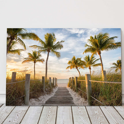Palm tree beach path. Sunrise in Key West, Florida canvas picture print