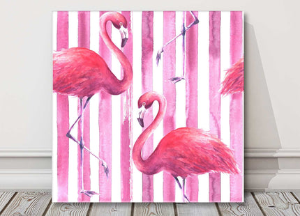 Pink flamingos on a pink and white striped background. Canvas picture print