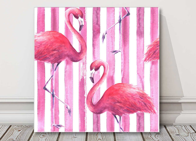 Pink flamingos on a pink and white striped background. Canvas picture print