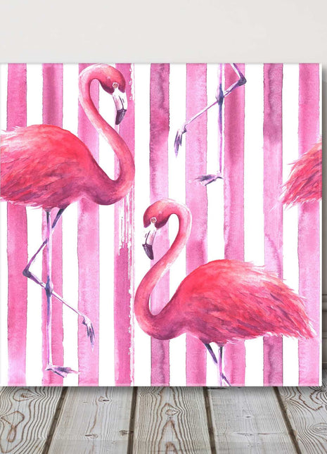 Pink flamingos on a pink and white striped background. Canvas picture print