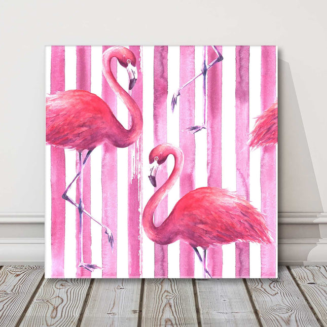 Pink flamingos on a pink and white striped background. Canvas picture print