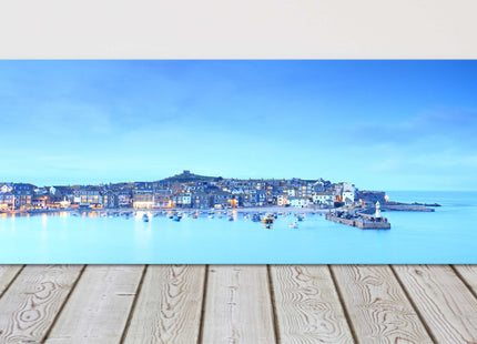 St Ives harbour panoramic canvas picture print. Cornwall beach vibrant blues