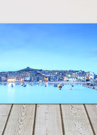 St Ives harbour panoramic canvas picture print. Cornwall beach vibrant blues