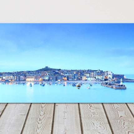 St Ives harbour panoramic canvas picture print. Cornwall beach vibrant blues