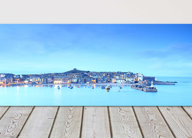 St Ives harbour panoramic canvas picture print. Cornwall beach vibrant blues