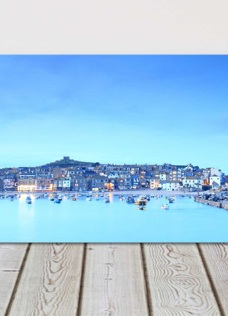 St Ives harbour panoramic canvas picture print. Cornwall beach vibrant blues