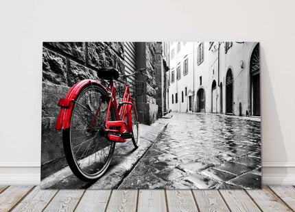 Cobbled street black and white with red bicycle canvas picture print