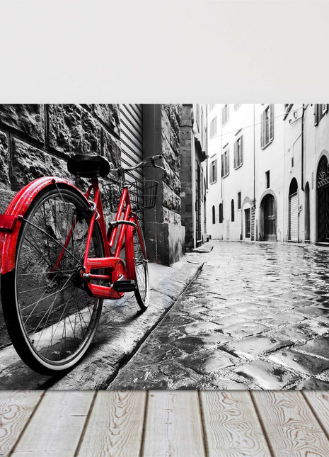 Cobbled street black and white with red bicycle canvas picture print