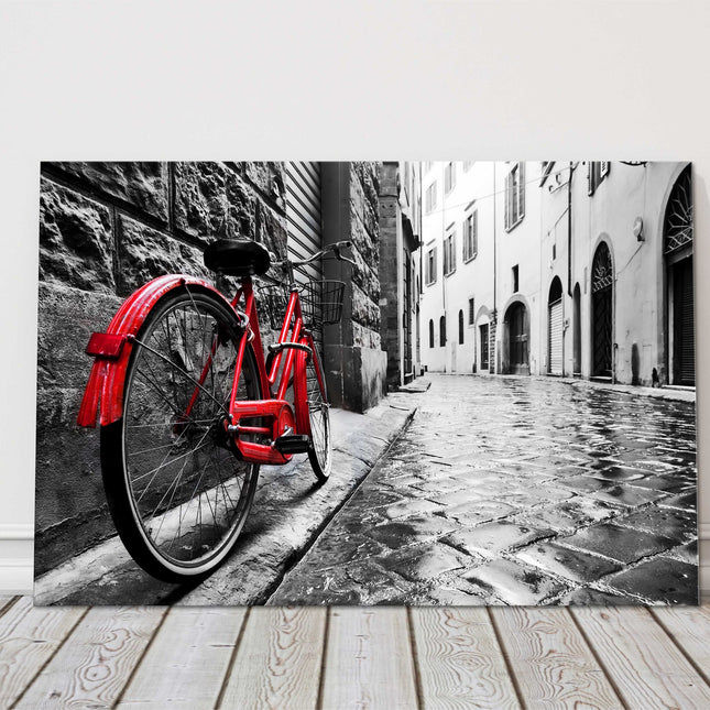 Cobbled street black and white with red bicycle canvas picture print