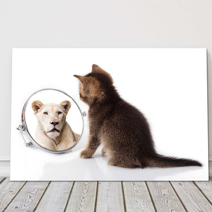 kitten posing in a mirror thinking big with reflection canvas picture print