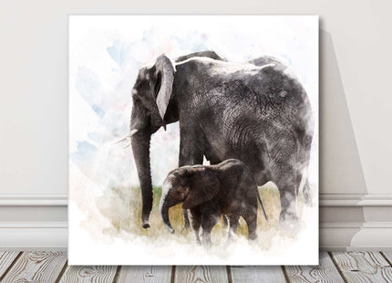 Elephant and baby watercolour digital painting. Canvas picture print.