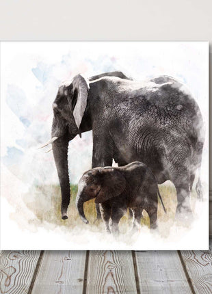 Elephant and baby watercolour digital painting. Canvas picture print.