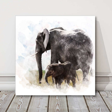 Elephant and baby watercolour digital painting. Canvas picture print.
