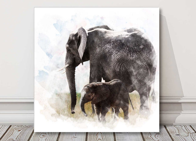 Elephant and baby watercolour digital painting. Canvas picture print.
