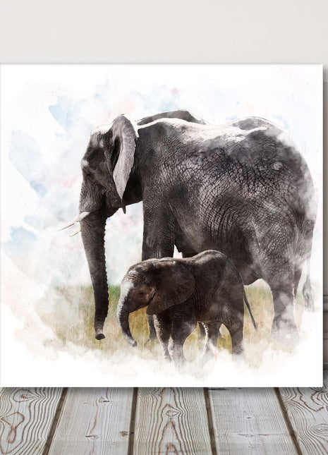 Elephant and baby watercolour digital painting. Canvas picture print.