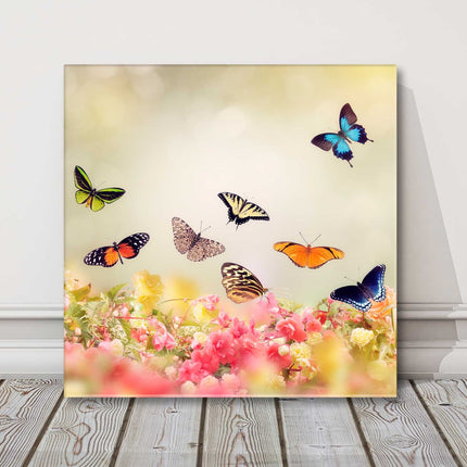 Butterflies and flowers, colourful canvas picture print. Bright wall art.